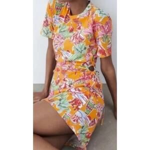 Zara Tropical Floral Print Cotton Cutout Side Mini Dress Orange Size Small